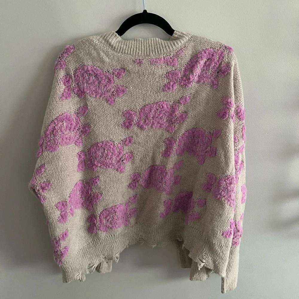 Anthropologie Floral Knit Cardigan Sweater - Pink on Cream - Picture 3 of 3